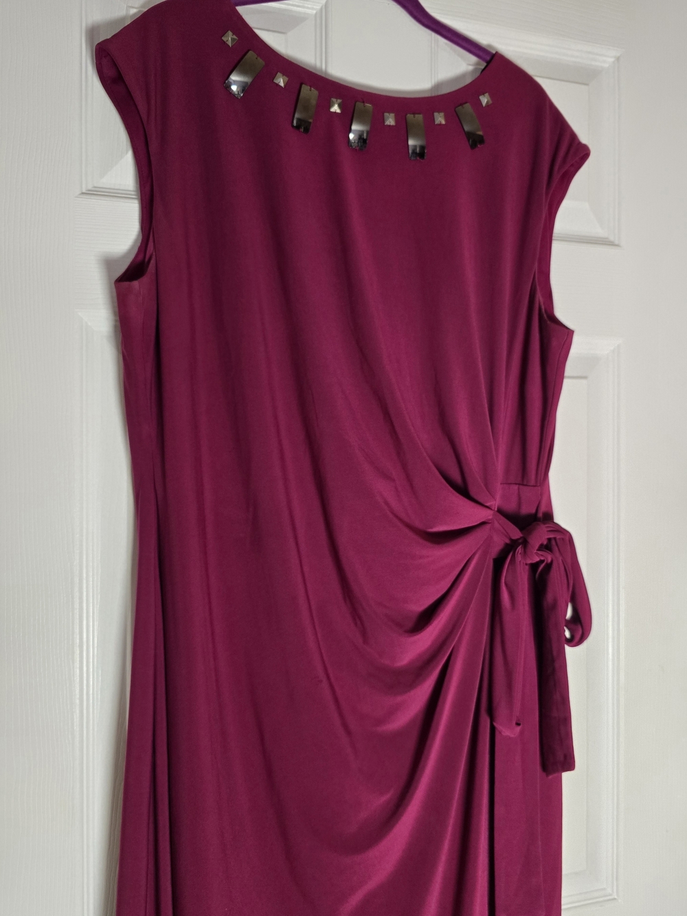 Sleeveless Knot-Detail Dress in Berry Plum With metallic Accents On Neckline